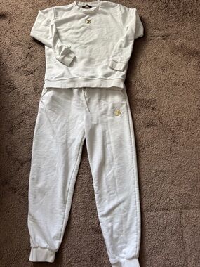 White LV Sweatshirt & Jogger Set with Gold LV Logo